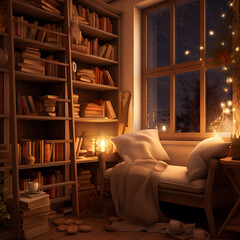 Obraz na płótnie Canvas A cozy reading nook with a bookshelf and warm light