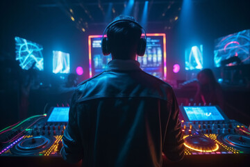 Fototapeta premium DJ player audio mixing electronic music in a nightclub party Created with Generative AI technology.