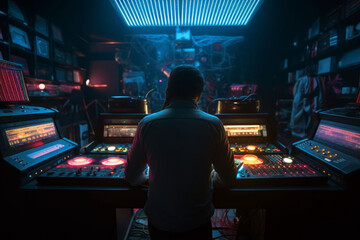 Obraz premium DJ player audio mixing electronic music in a nightclub party Created with Generative AI technology.