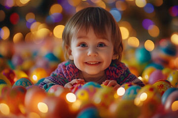 Fototapeta na wymiar Child's Joy Amongst Colorful Easter Eggs and Lights