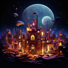 nighttime scene of a fantasy castle with a full moon in the background
