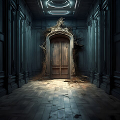 A mysterious door at the end of a long corridor. - obrazy, fototapety, plakaty