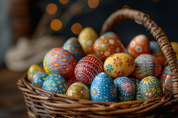 Fototapeta na wymiar Woven Basket with Decorative Painted Easter Eggs