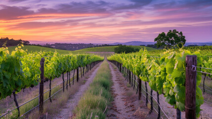 Fototapeta na wymiar The last light of day gently envelops a serene vineyard landscape