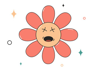 Funny groovy flower character. Sticker, t-shirt design in trendy 70s style. Retro illustration isolated on a white background. 