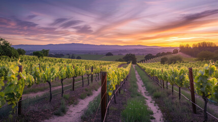 Fototapeta na wymiar The last light of day gently envelops a serene vineyard landscape