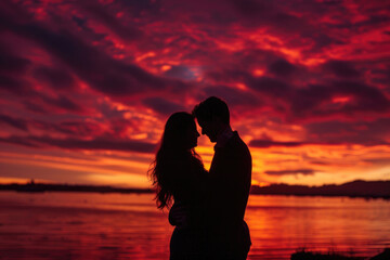 A couple's silhouette against the backdrop of a fiery sunset