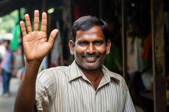 An Indian man raised hand with a lovely smile, captivating eyes, and brunette hair in a stylish portrait