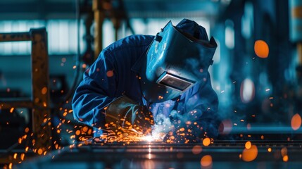 As the welding engineer oversees operations, sparks dance in the air, illuminating the steel and iron product line with a mesmerizing bokeh, showcasing the expertise of the factory workers