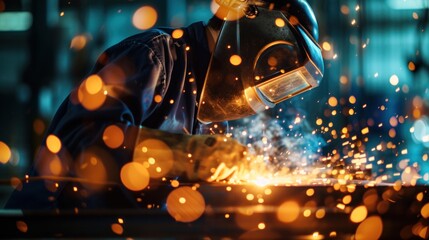 With expertise and dedication, the welding engineer ensures seamless welding along the steel and iron product line, the resulting sparks blending harmoniously with the bokeh of the factory machinery.