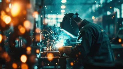 Foto op Canvas The welding engineer oversees the skilled workers as they ignite sparks along the steel and iron product line, the mesmerizing bokeh of the factory machinery © kittikunfoto