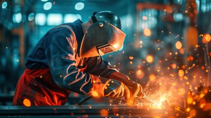 The welding engineer oversees the skilled workers as they ignite sparks along the steel and iron product line, the mesmerizing bokeh of the factory machinery