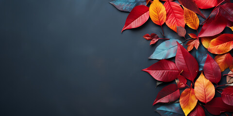 Autumn background with red leaves and berries on dark blue background.