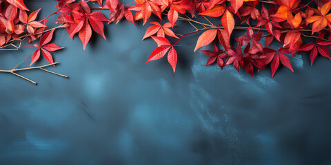 Autumn background with red leaves and berries on dark blue background.