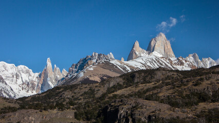 Panoramic view of Andes Mountain Range in El Chalten, Argentina, Cerro Torre and Fitz Roy in Patagonia, South America