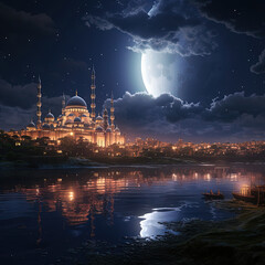 nighttime scene of a mosque and a river with a full moon