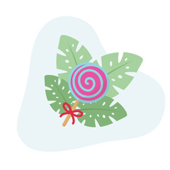 Lollipop flat vector Illustration icon decorated with leaves for web use for sweet food, multicolor, caramel, sugar, dessert, candy