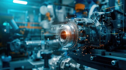 With the aid of advanced technology, the AI robotic arm effortlessly operates the automated welding lathe, its overlay HUD providing crucial insights into the manufacturing process.