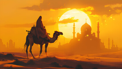 Rear view of a man riding a camel towards the mosque in the afternoon. Islamic Background. Ramadan Background