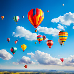 Colorful hot air balloons against a blue sky.