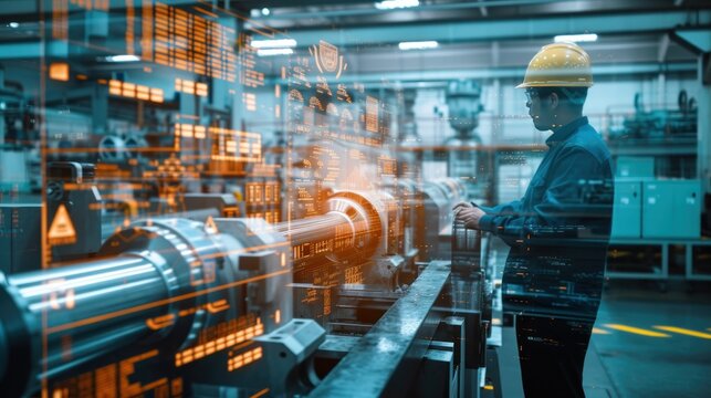 factory's lathe machines at work with an engineer monitoring, double exposure effect