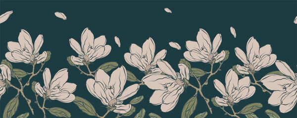 A decorative border of magnolia flowers and branches is highlighted on the background. A pattern of leaves. Vector illustration. For nature, eco and design. Hand-drawn plants, a frame for a postcard.