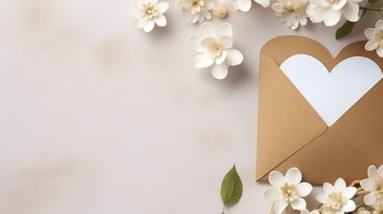 The concept of Valentine's Day.An envelope with a letter in the shape of a heart and spring flowers. The idea of a holiday card for lovers.