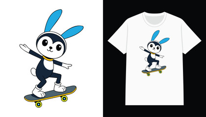 cute rabbit t-shirt design. cartoon skateboarding rabbit t shirt print design for apparel and clothing
