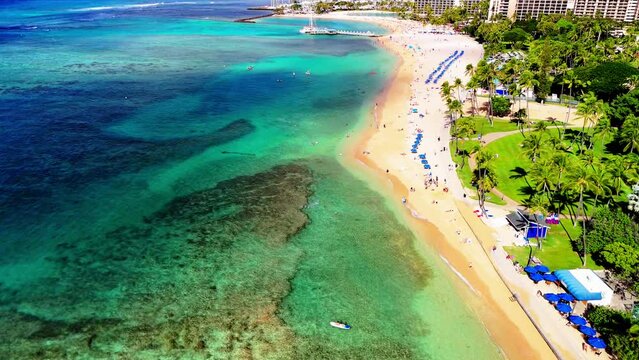 Waikiki, Oahu, HI from a drone perspective. Flying from Kuhio beach to Ala Wai boat harbor. Video is in 4K 30fps REC709.