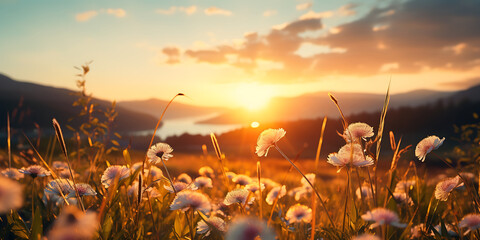 Sunset over the mountain meadow with dandelions. Beautiful summer landscape.