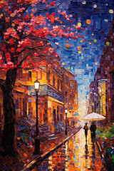 Illustration of beautiful city at night by mosaic paint style Created with Generative AI technology.