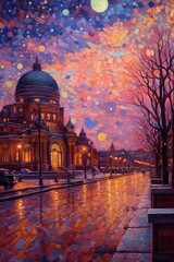 Fototapeta na wymiar Illustration of beautiful city at night by mosaic paint style Created with Generative AI technology.