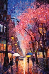 Obraz premium Illustration of beautiful city at night by mosaic paint style Created with Generative AI technology.