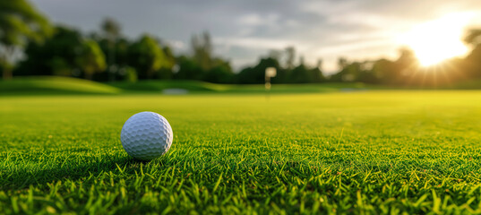 Panoramic view of a golf ball resting on a perfectly manicured, lush green lawn, surrounded by the tranquil beauty of a golf course, providing ample copy space for text and design elements.