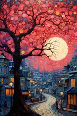 Illustration of beautiful city at night by mosaic paint style Created with Generative AI technology.