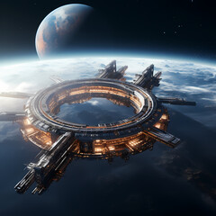 Futuristic space station orbiting a distant planet