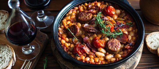 A rustic tabletop hosts a tasty cassoulet, filled with artisanal sausage, tomato, bacon, and white beans.