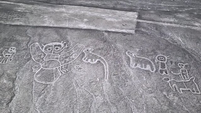 Top down aerial view of mysterious Nazca lines in Peru.