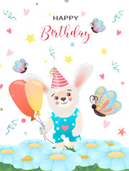 Happy Birthday. Vector design of greeting card or invitation for baby birthday party. Bunny with balloons on a daisy field.