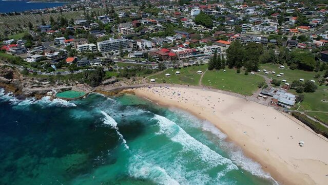 Aerial View Over Bronte Beach With Tourists In Sydney, New South Wales, Australia - Drone Shot