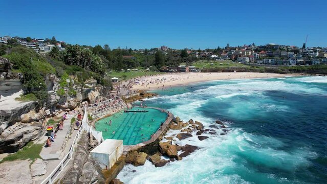 Pool Of Bronte Beach In Sydney, New South Wales, Australia - Aerial Drone Shot