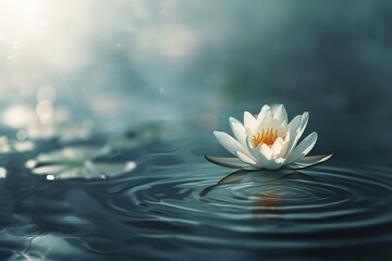 Serene and minimalist scene capturing a single lotus flower floating on the surface of calm, still water. Peace and meditation atmosphere