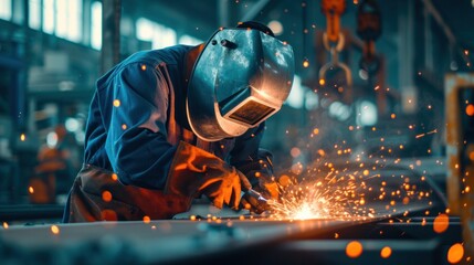 Industrial welder in action welding sparking bokeh in factory