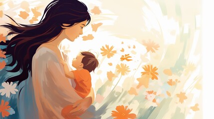 Illustration of mother with her little child, flower in the background, mother day daughter, copy space for text, Generative ai - obrazy, fototapety, plakaty