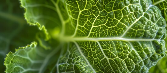 Close-up macro of the patterned inner part of a green Savoy cabbage leaf, ideal for background wallpaper. - obrazy, fototapety, plakaty