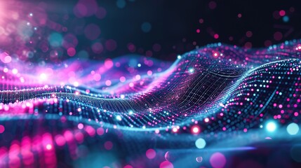 Abstract Futuristic Wave Background. Network Connection Dots And Lines with bokeh. Digital Background. - obrazy, fototapety, plakaty