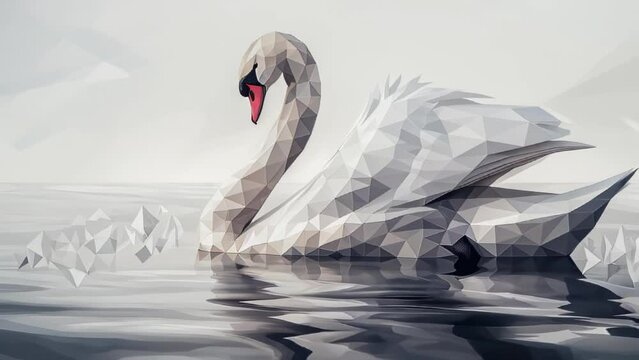 A polygonal-shaped swan floating on water. A harmonious blend of modern art form and nature.

