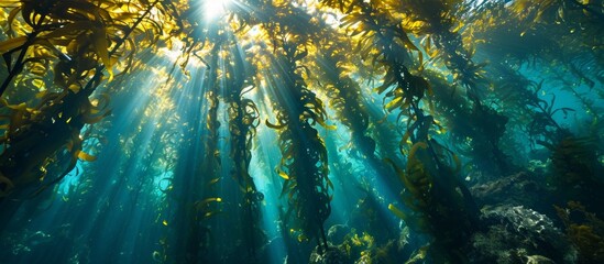 Monterey Bay receives abundant sunlight through the kelp forest canopy, which is a crucial habitat that sustains rapid growth of giant kelp. - obrazy, fototapety, plakaty