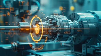 With advanced technology, the AI robotic arm synchronizes with the automated welding lathe in the factory, overlaying HUD displays to monitor and adjust manufacturing parameters