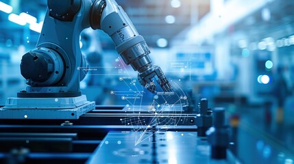With advanced technology, the AI robotic arm synchronizes with the automated welding lathe in the factory, overlaying HUD displays to monitor and adjust manufacturing parameters